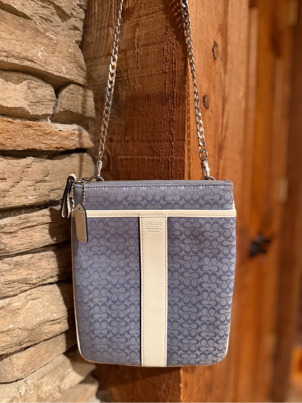 Coach Y2K Baby Blue Signature C Crossbody with Cream Stripe Piping along Sides